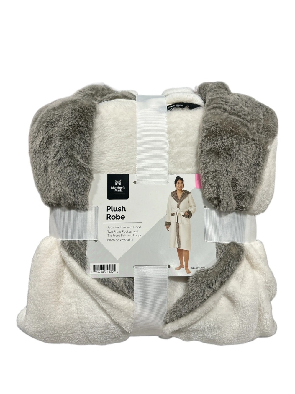 Member's Mark Plush Hooded Robe in Cream with Gray Trim